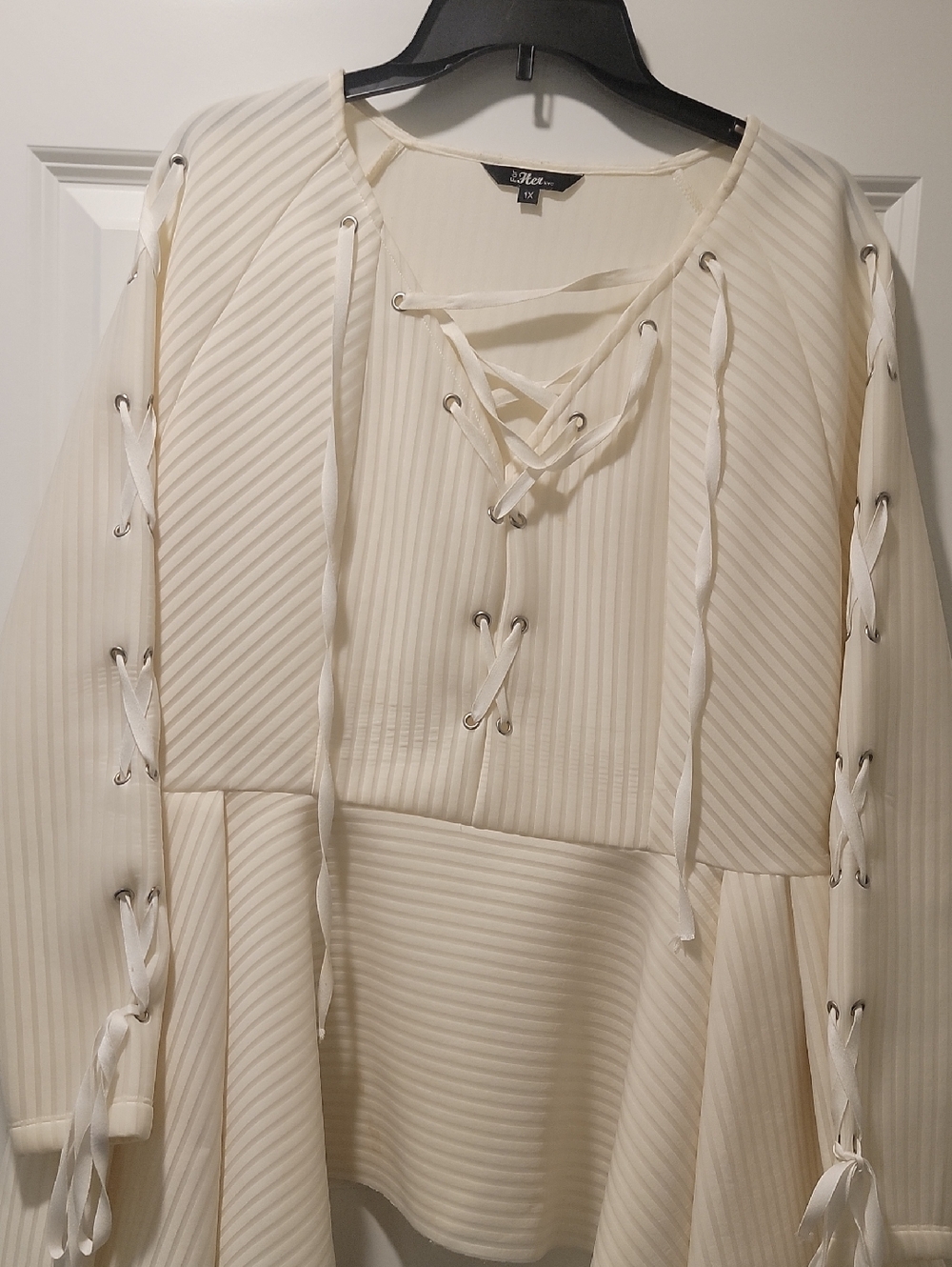 V-Neck Lace-Up Ivory Blouse with Sleeve Detail